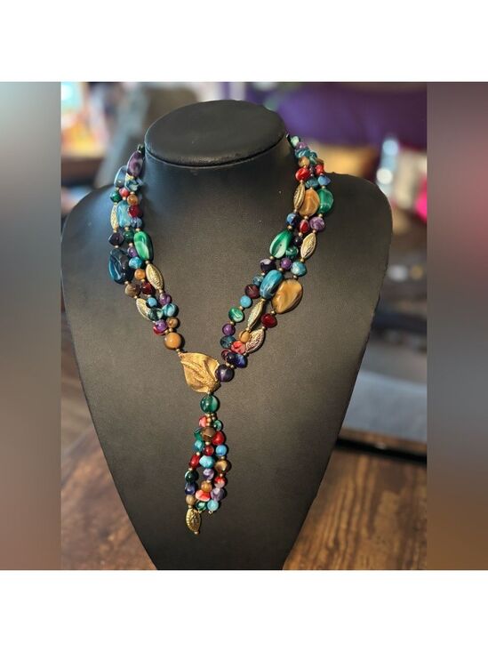 Genuine Lucite Jewelry - VINTAGE Genuine Lucite Statement Necklace • Gold Leaf Drop • Colorful Boho Luxe